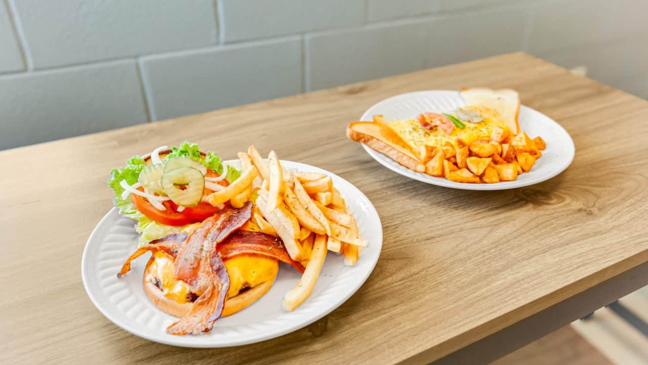 Two plates of food on a wooden table